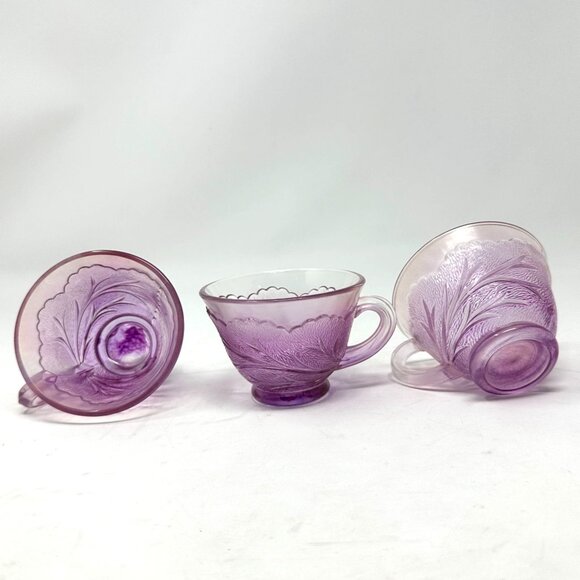 Vintage Indiana Glass Pebble Leaf Tea Cups Pink Floral Pressed 3pc Set - Picture 14 of 16